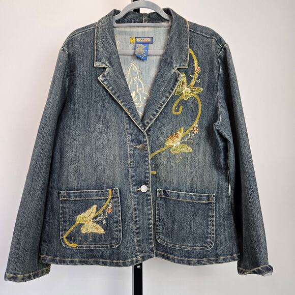 JouJou Denim Blazer Jacket Butterfly Embroidered Embellished 90s Y2K Large - Picture 1 of 9